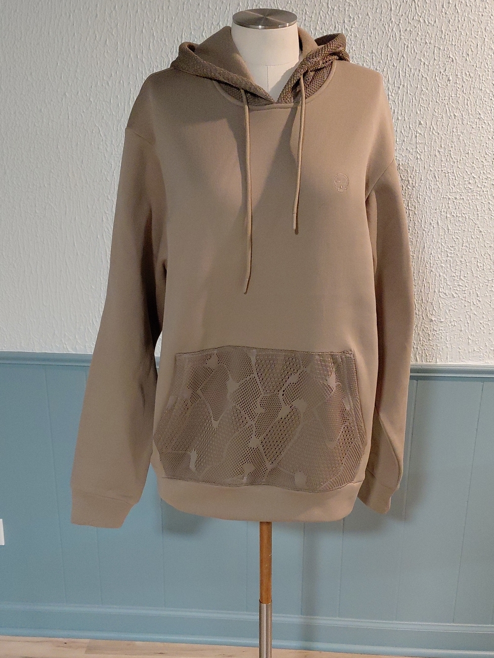 Taupe Hooded Pullover Sweatshirt with Mesh Pocket